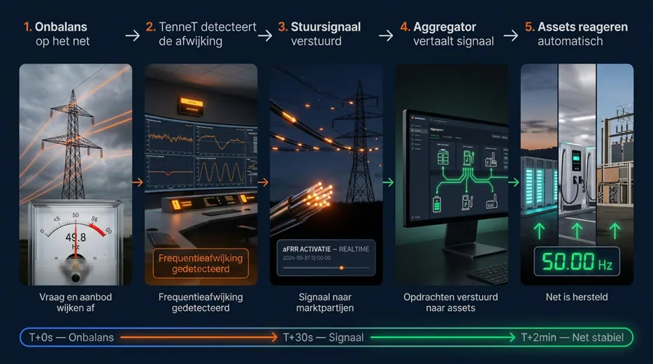 Schema van een aFRR-activatie in vijf stappen: onbalans op het net (frequentie zakt naar 49,8 Hz), TenneT detecteert de frequentieafwijking, een stuursignaal gaat naar marktpartijen, de aggregator vertaalt het signaal naar opdrachten voor de assets, en batterijen, laadpalen en installaties reageren automatisch tot het net weer op 50,00 Hz staat. Een tijdlijn loopt van T+0s (onbalans) via T+30s (signaal) naar T+2min (net stabiel).