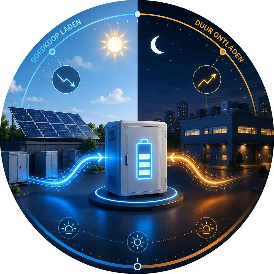 Illustratie van energiearbitrage: een batterij die laadt bij lage stroomprijzen en ontlaadt bij hoge prijzen