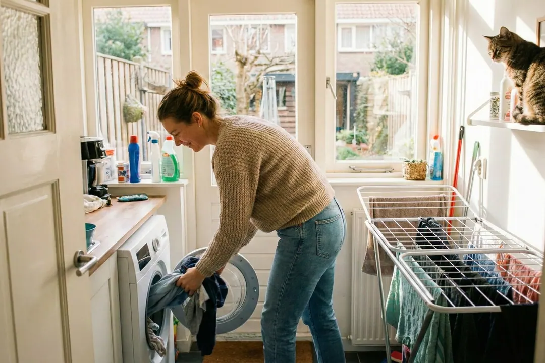 Vrouw die de was in de wasmachine stopt