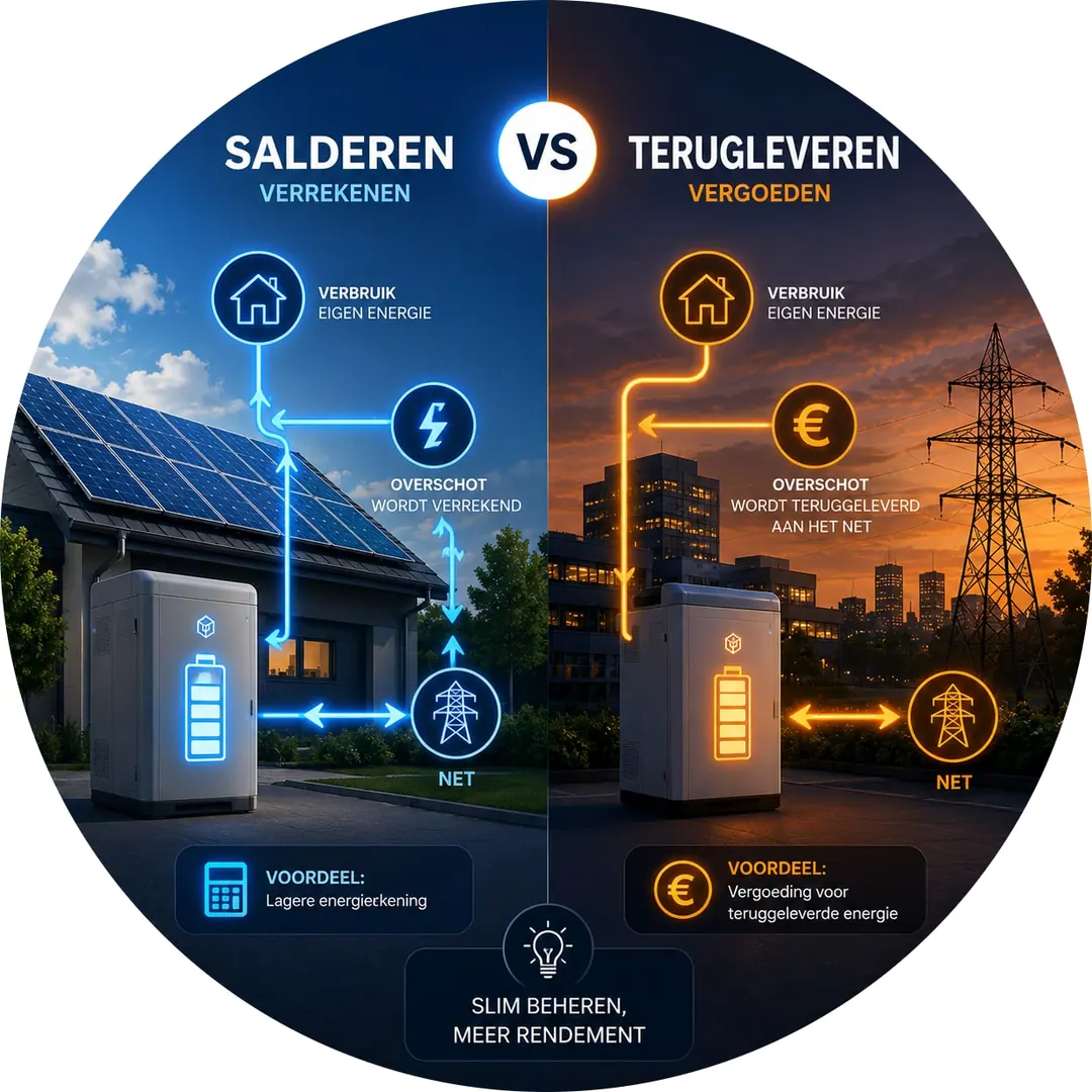 Illustratie van zonnepanelen die stroom terugleveren aan het net naast een energierekening waarop wordt gesaldeerd