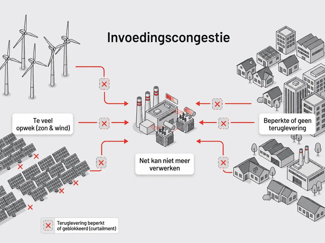 Schema van invoedingscongestie: zon- en windinstallaties wekken meer elektriciteit op dan het net kan transporteren, waardoor teruglevering wordt beperkt