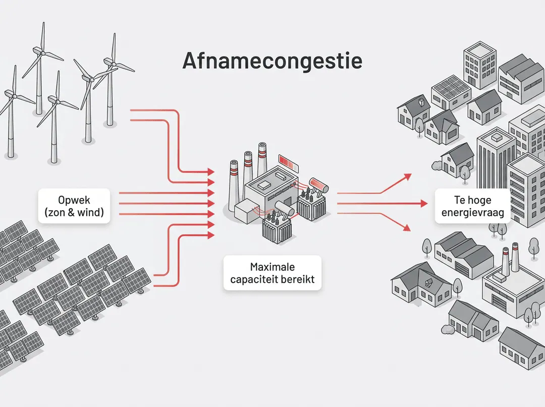 Schema van afnamecongestie: de vraag naar elektriciteit is groter dan de transportcapaciteit van het net, waardoor extra afname niet mogelijk is