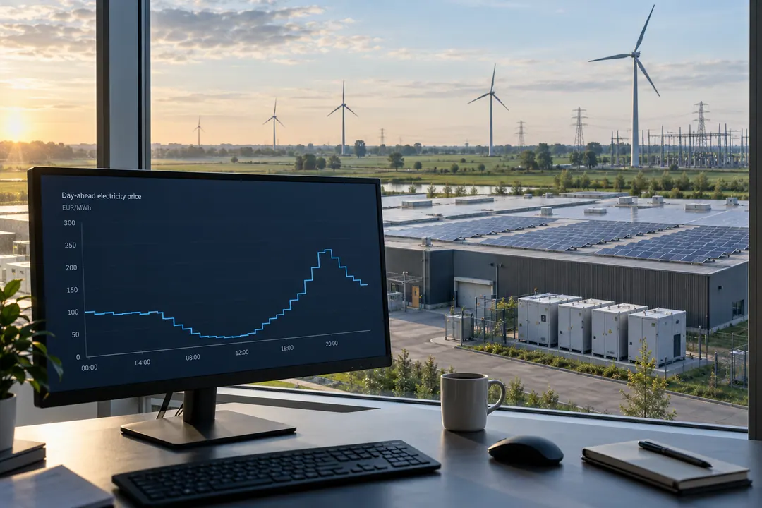 Elektriciteitsprijzen op een beeldscherm, met uitzicht op zonnepanelen, batterijopslag, windturbines en het elektriciteitsnet