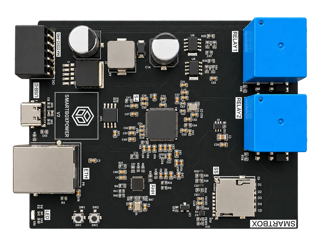 Render van de Smartbox Regular-printplaat met blauwe relais en Ethernet- en USB-C-aansluitingen